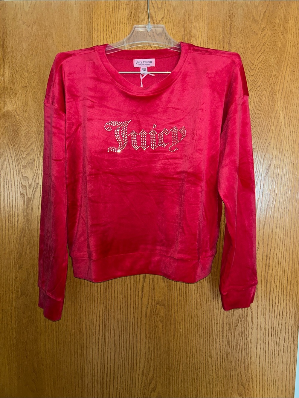 Juicy Couture Red Velour Rhinestone 'Juicy' Crewneck Sweatshirt